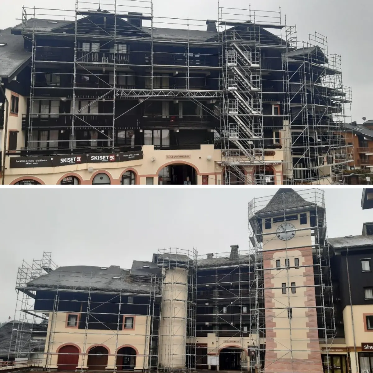 Chantier de rénovation de la résidence Le Grand Morillon avec échafaudages EVEREST